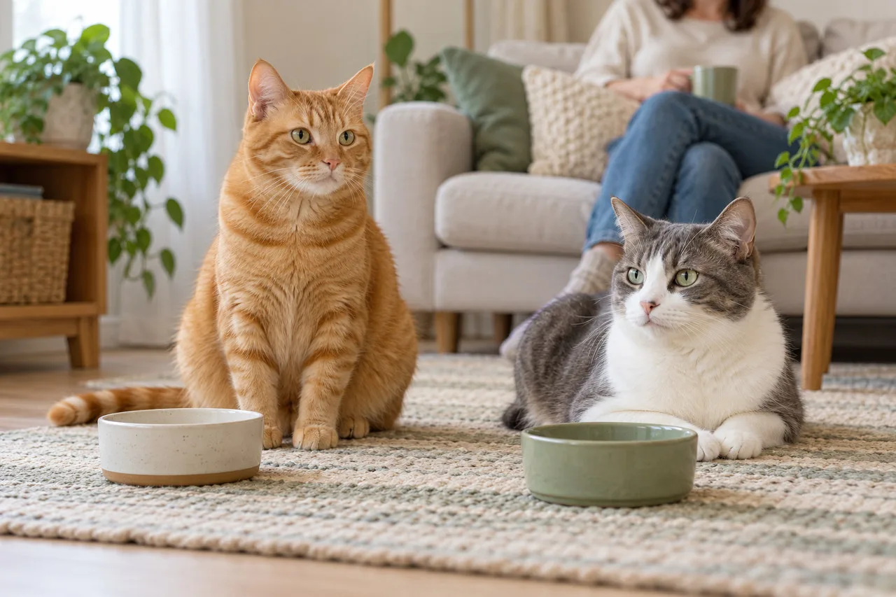 Two adult cats, one orange and one gray and white, resting near an owner at home